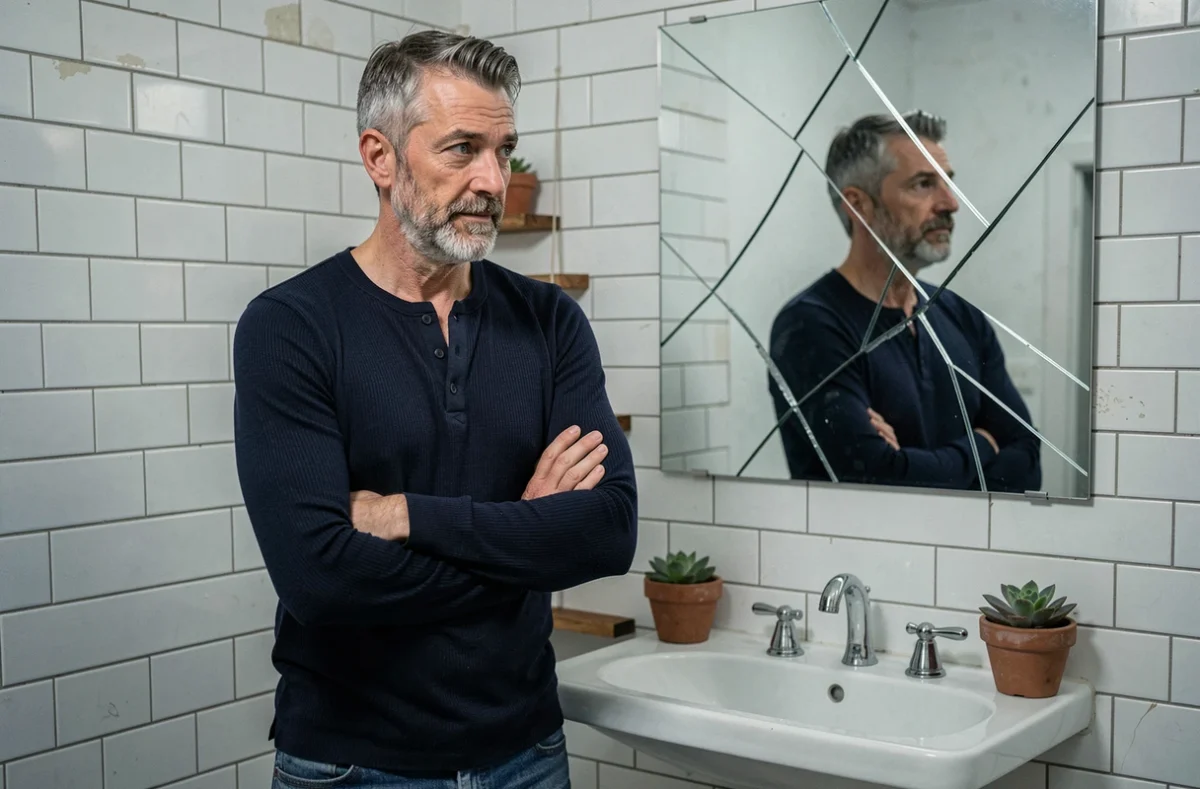 Homme observant son reflet fragmenté dans un miroir fissuré accroché dans une salle de bain
