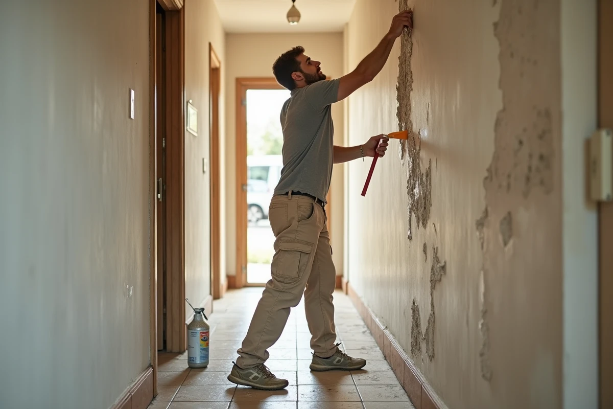 Homme utilisant une spatule pour décoller du papier peint dans un couloir