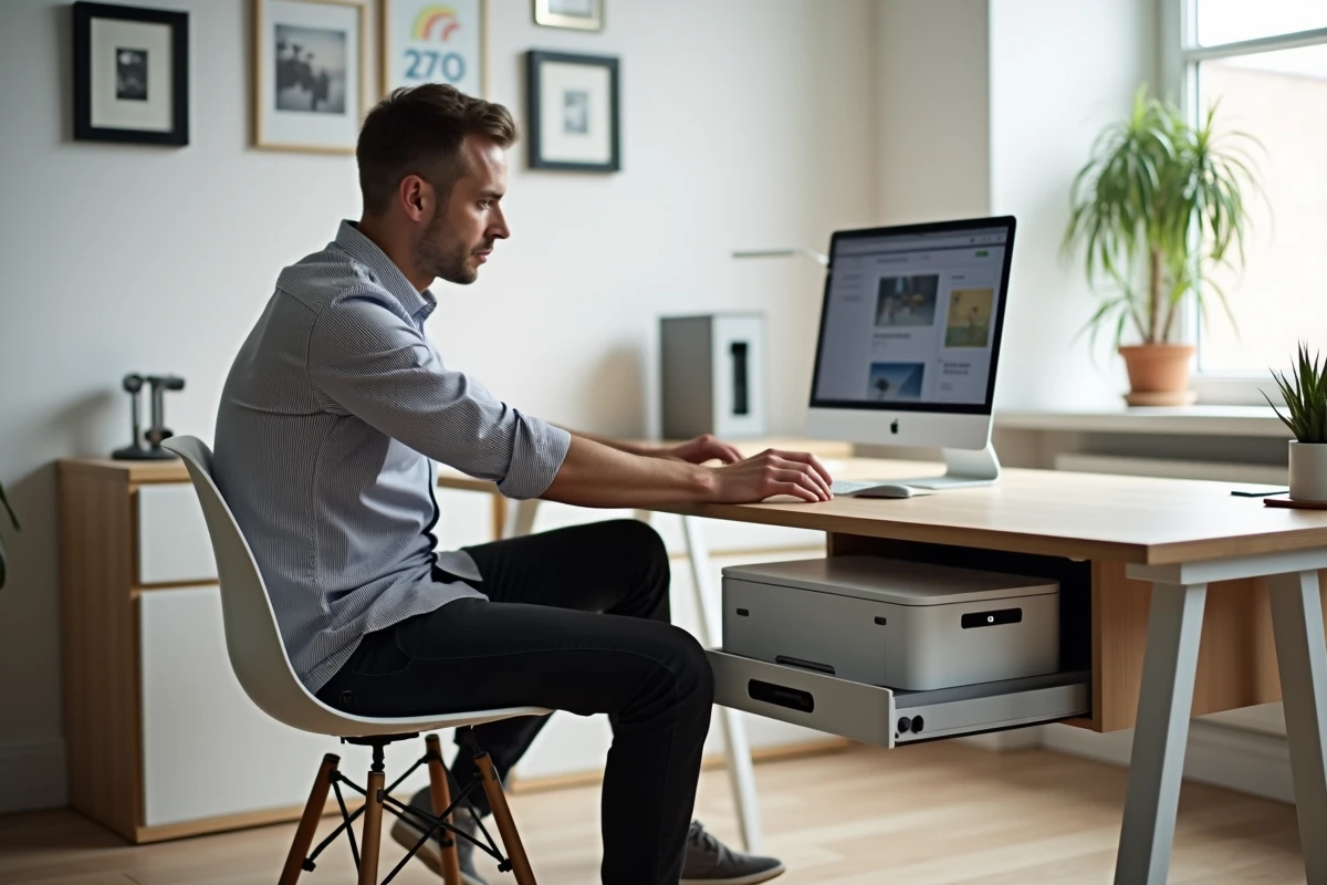 Homme utilisant un espace de rangement pour imprimante dans un bureau