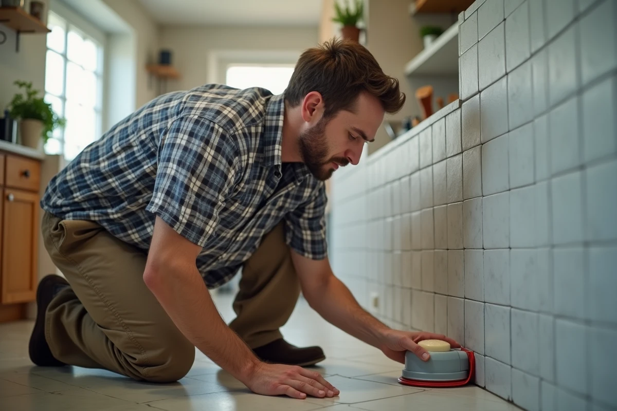 Homme inspectant un porte-savon ventouse dans la cuisine