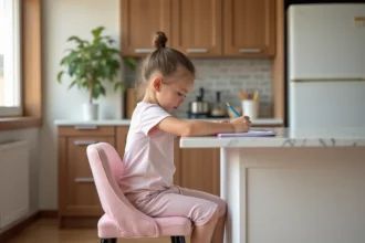 Jeune fille assise sur un tabouret de bar recouvert d'une housse en tissu pastel rose dans une cuisine moderne familiale