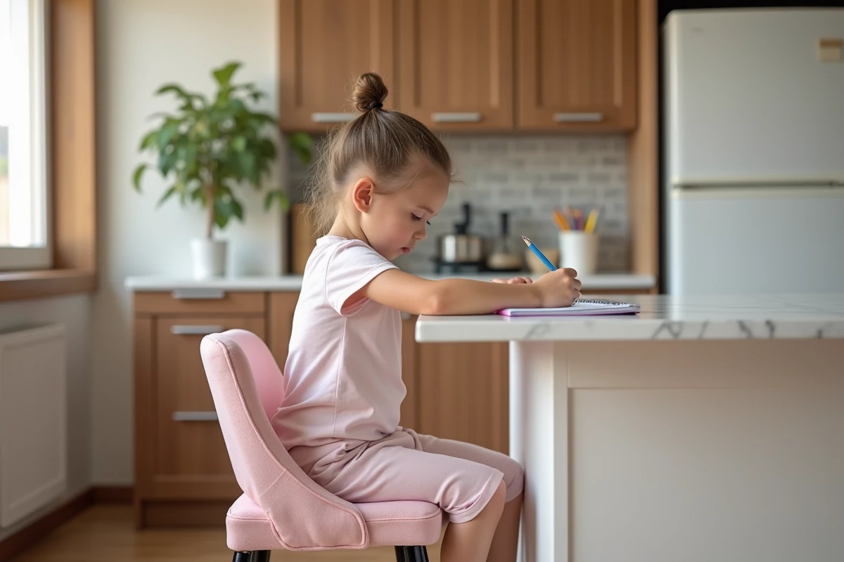 Jeune fille assise sur un tabouret de bar recouvert d'une housse en tissu pastel rose dans une cuisine moderne familiale