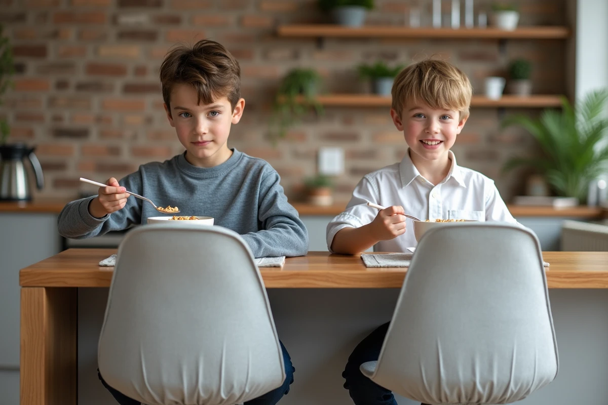 Deux enfants assis sur des tabourets de bar avec housses lavables grises lors du petit-déjeuner dans une salle à manger moderne