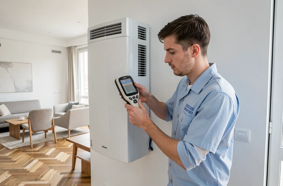 Technicien d'IG Clim Chauffage effectuant un contrôle de fuite sur une PAC murale dans un appartement lyonnais