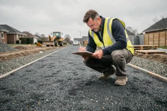 Ingénieur civil inspectant une surface en mâchefer sur un chantier d'aménagement résidentiel, tenant un clipboard avec des documents de conformité réglementaire