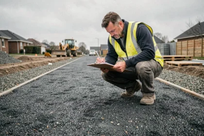 Ingénieur civil inspectant une surface en mâchefer sur un chantier d'aménagement résidentiel, tenant un clipboard avec des documents de conformité réglementaire