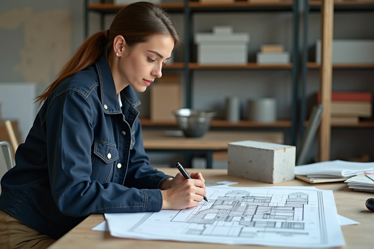 Ingénieure civile étudiant des plans dans un bureau organisé