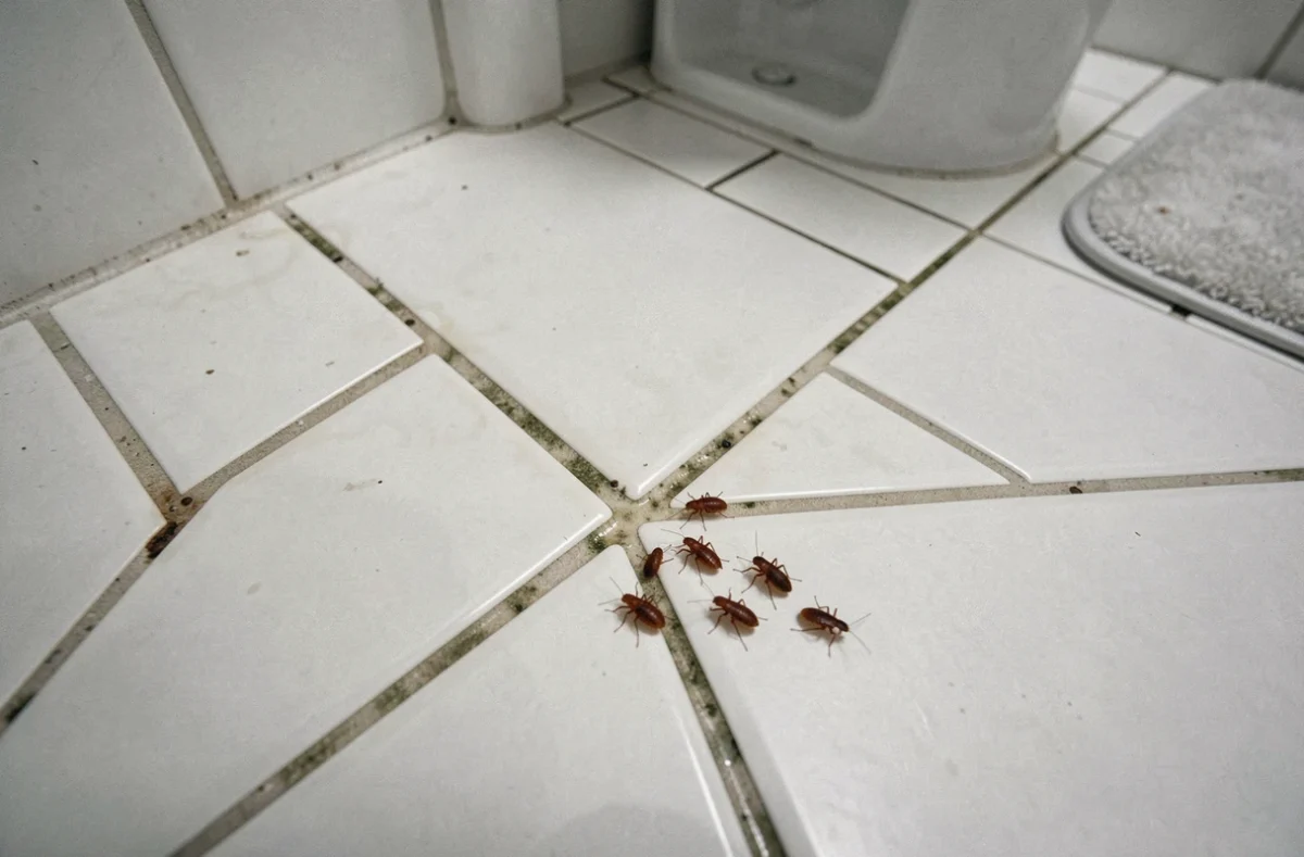 Vue en plongée d'insectes marrons rassemblés dans un coin de salle de bain humide