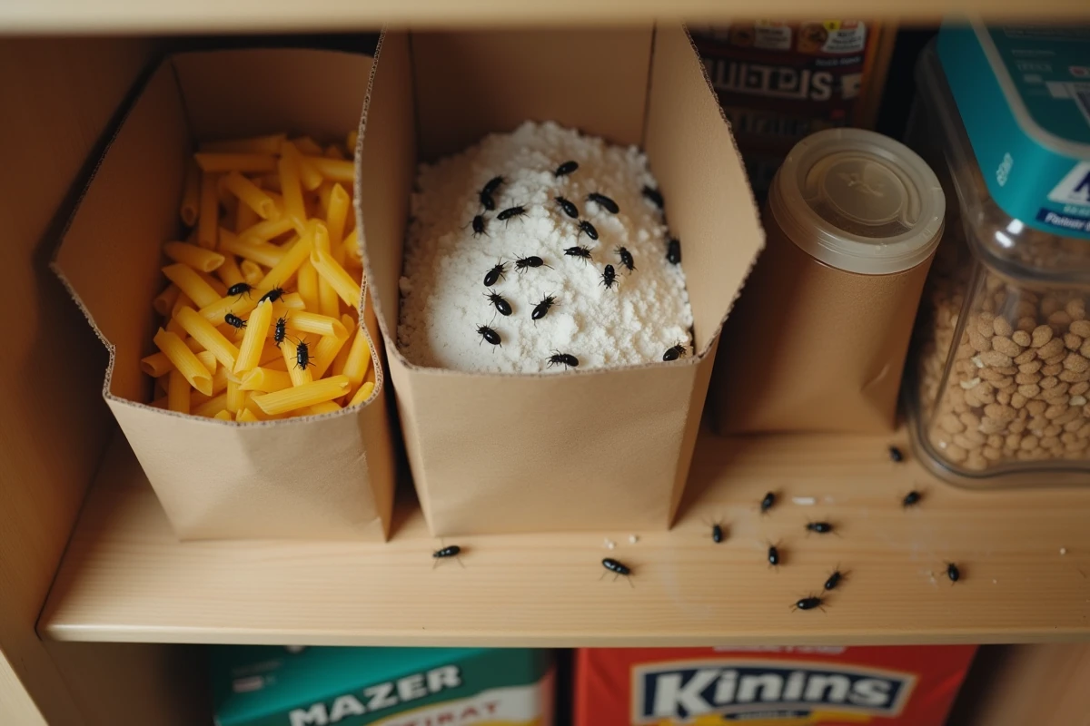 Petits insectes noirs sur des emballages alimentaires dans un garde-manger domestique