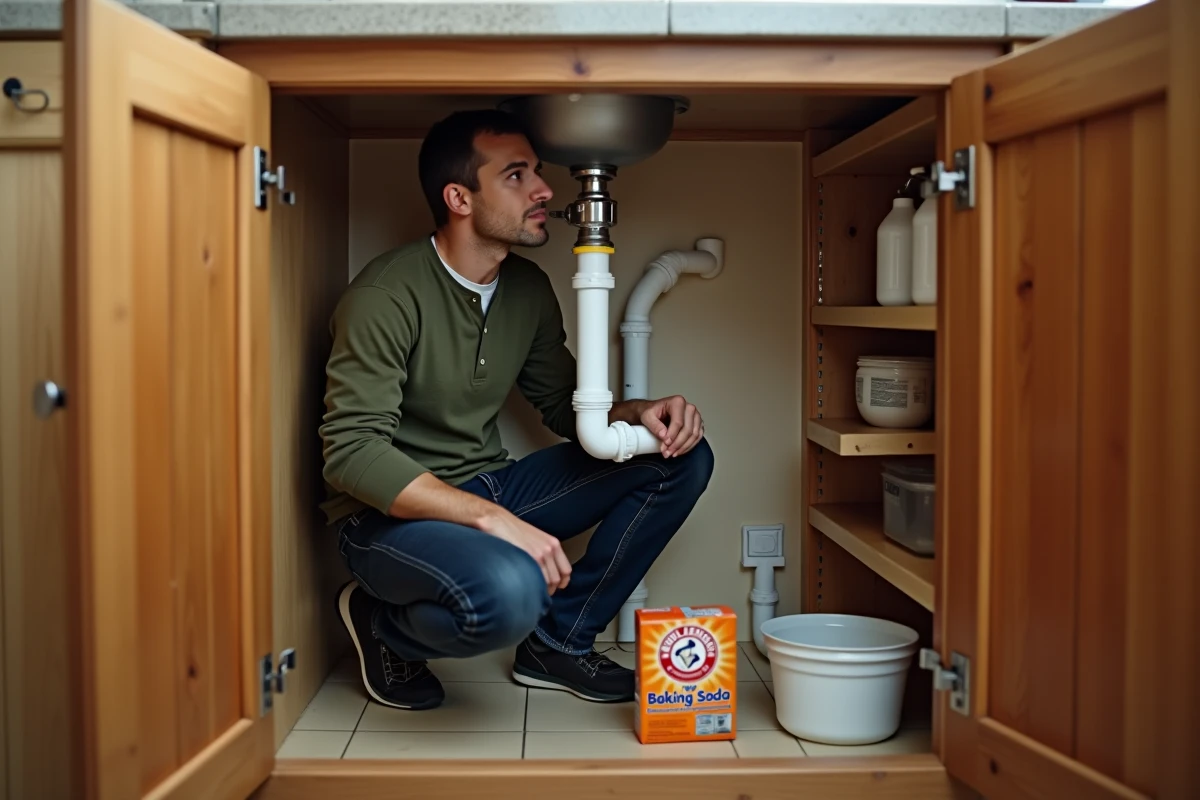 Homme inspectant les canalisations PVC sous un évier de cuisine avec du bicarbonate de soude posé au sol