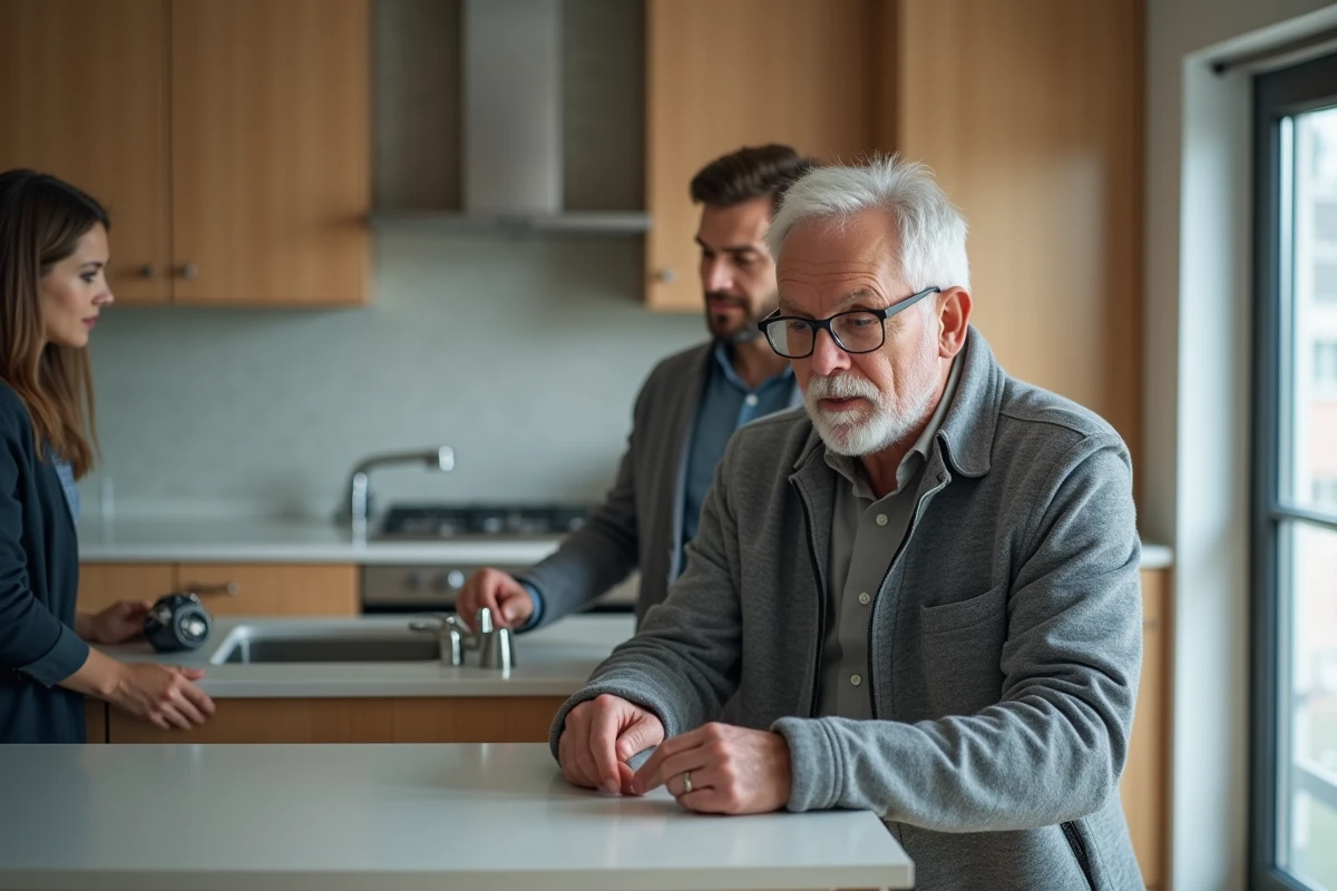 Inspecteur examinant une cuisine rénovée avec un couple attentif