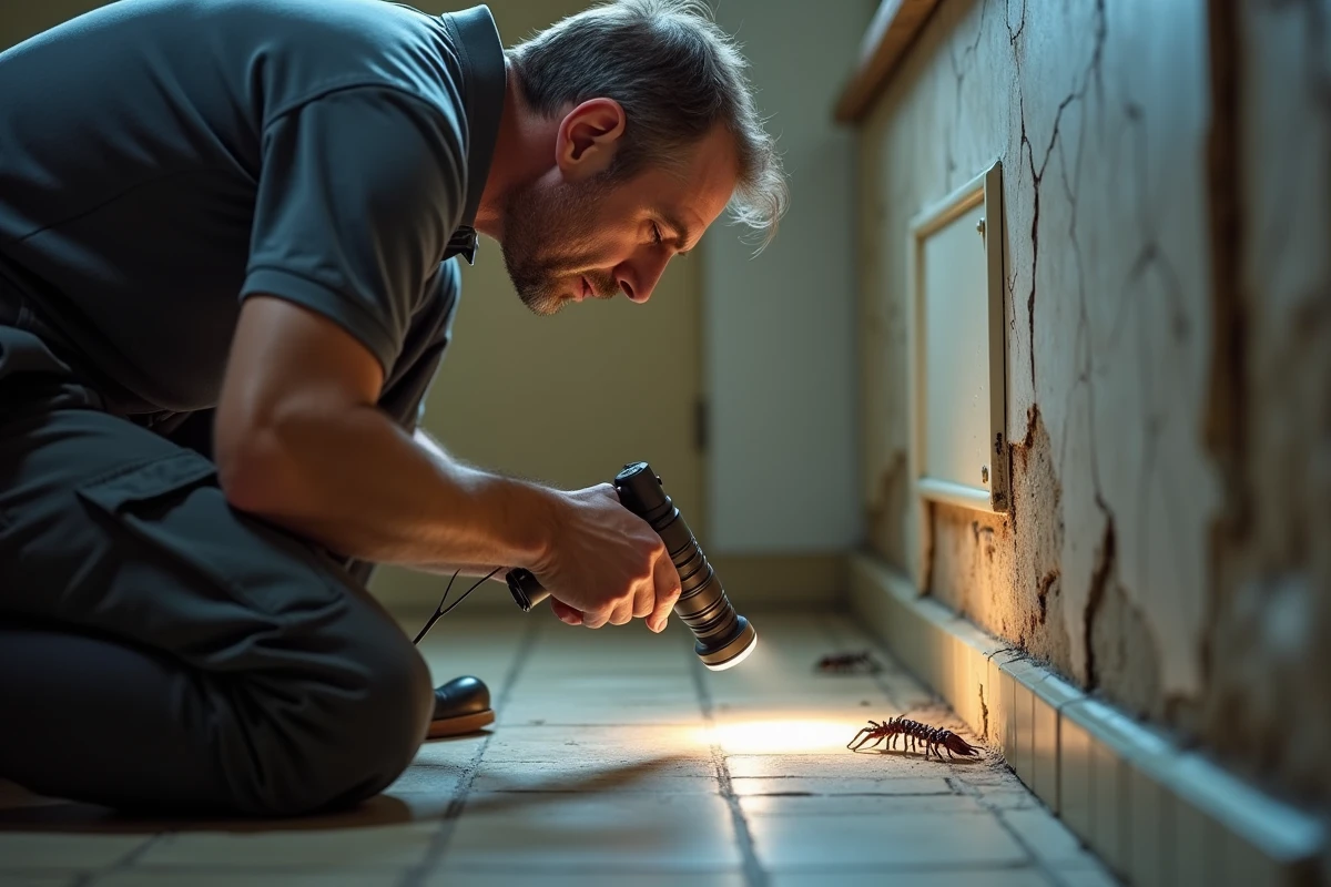 Professionnel inspectant une fissure au ras du sol dans une cuisine infestée par des scolopendres