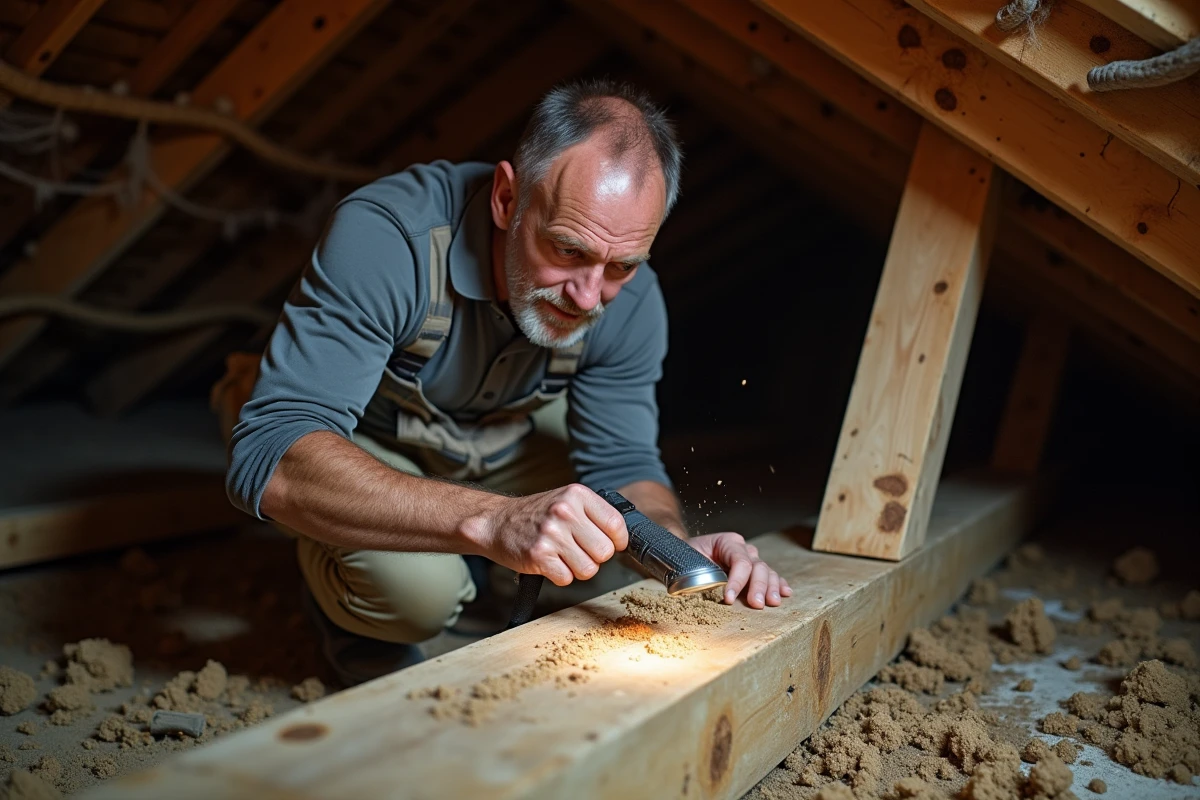 Artisan inspectant une poutre en bois endommagée par des insectes xylophages dans un vide sanitaire, avec loupe et traces de vermoulure visibles