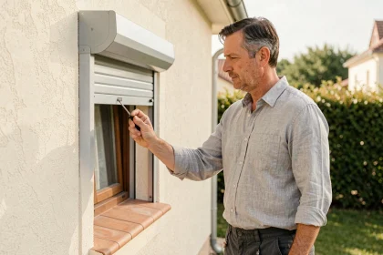 Homme inspectant un volet roulant solaire bloqué sur la façade d'une maison