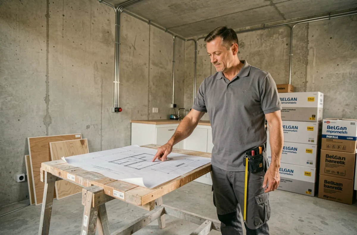 Installateur de cuisine examinant des plans de rénovation dans un chantier de cuisine non meublée