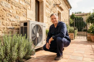 Technicien professionnel installant une pompe à chaleur sur une maison en pierre dans le Gard