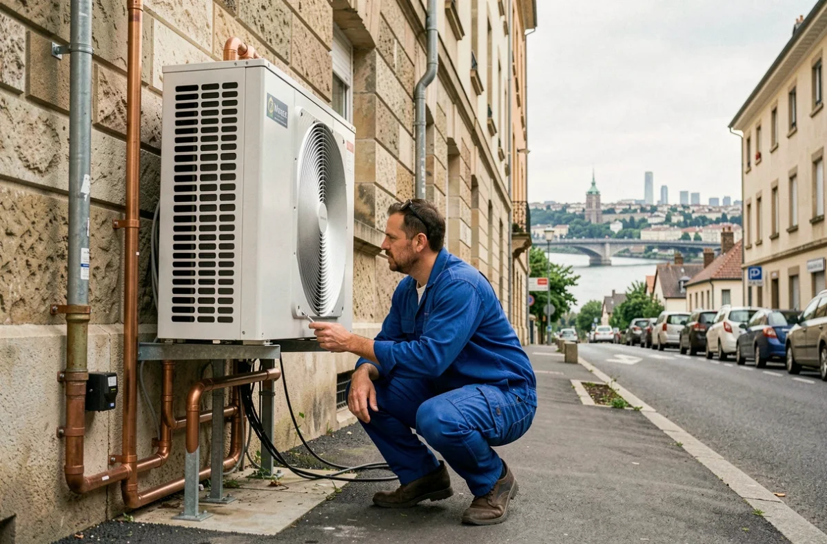 Technicien installateur de pompe à chaleur devant un immeuble lyonnais avec skyline du Rhône en arrière-plan