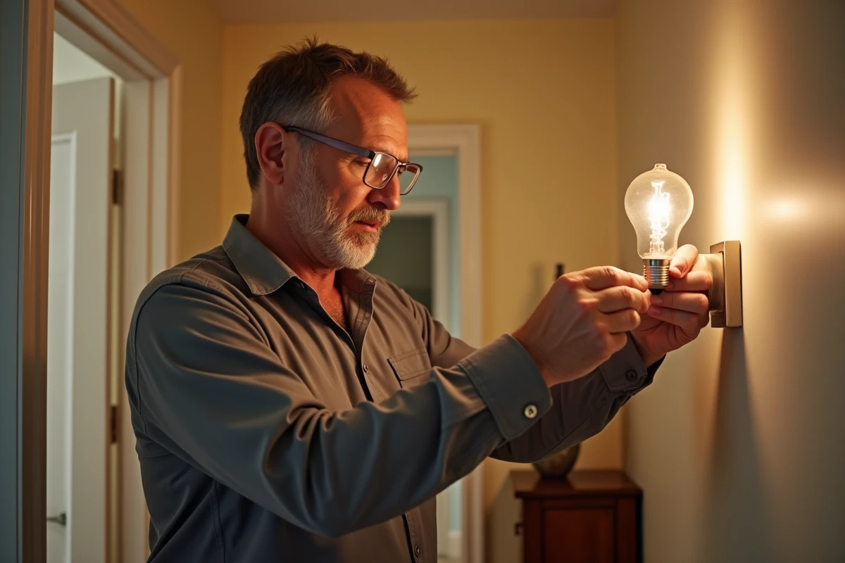 Électricien installant une ampoule LED à petit culot E14 dans une applique murale de couloir résidentiel