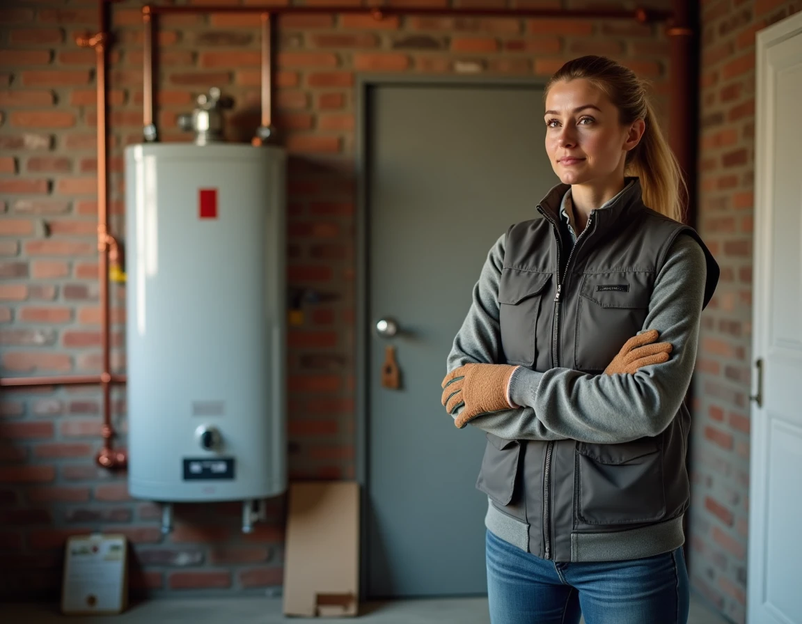 Femme technicienne vérifiant l'installation d'un chauffe-eau fixé au mur avec des chevilles chimiques