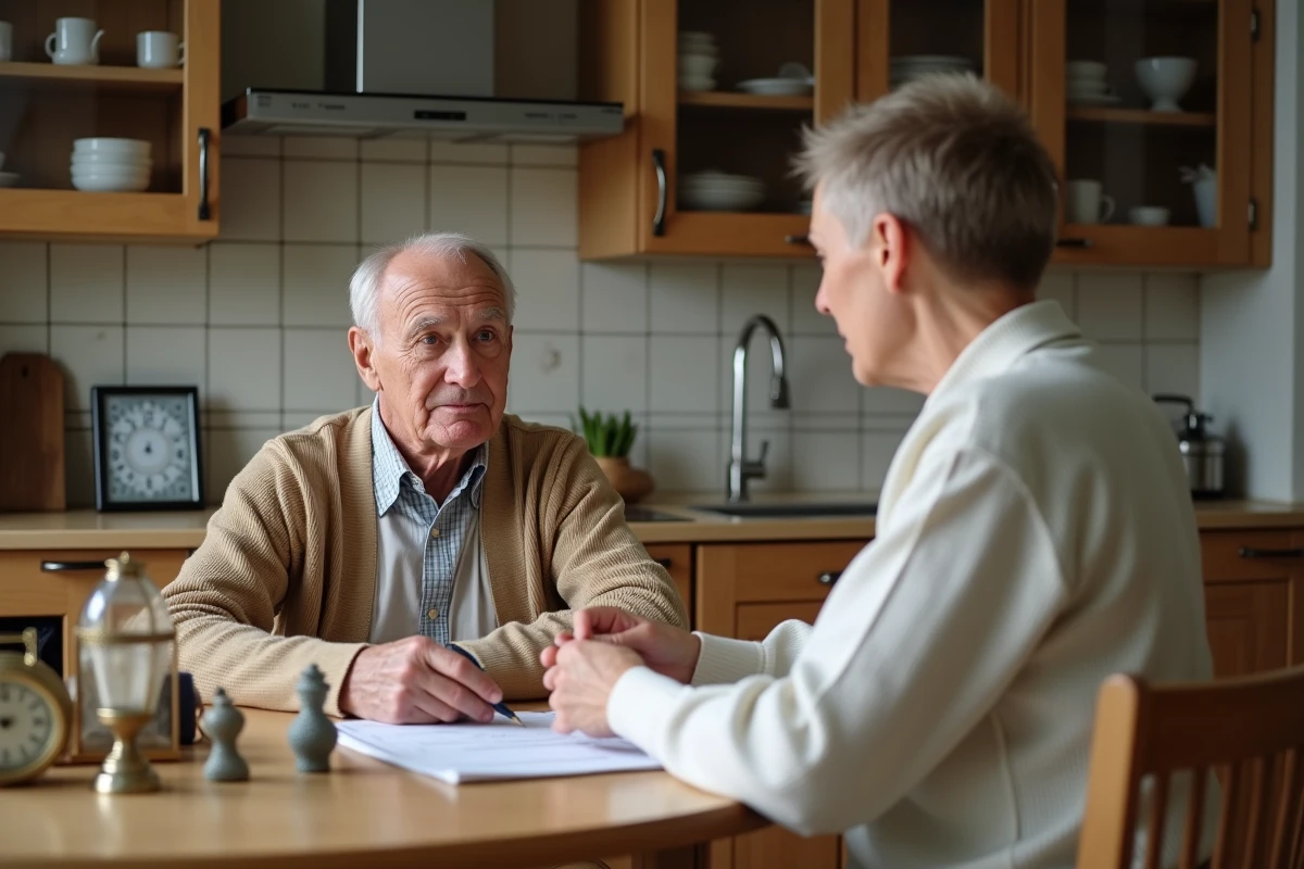 Personne âgée vérifiant l'inventaire de ses biens avec un représentant d'une association de débarras