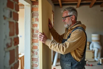 Artisan posant des panneaux isolants rigides sur un mur intérieur en brique dans un appartement en rénovation