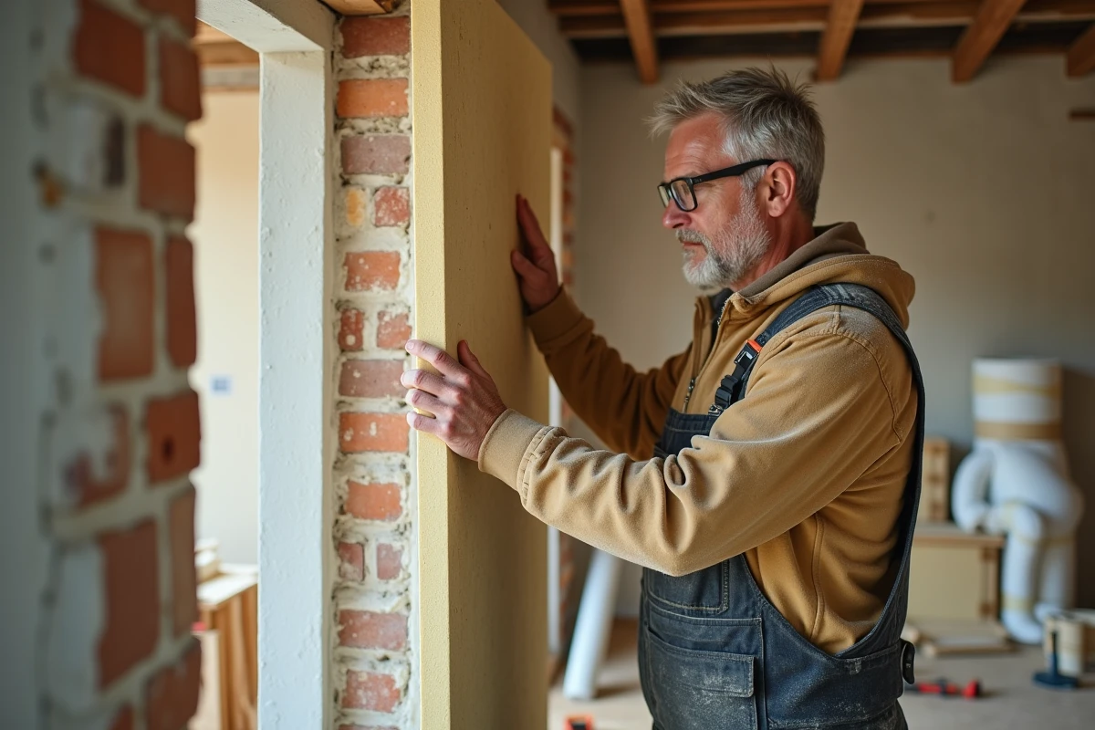 Artisan posant des panneaux isolants rigides sur un mur intérieur en brique dans un appartement en rénovation
