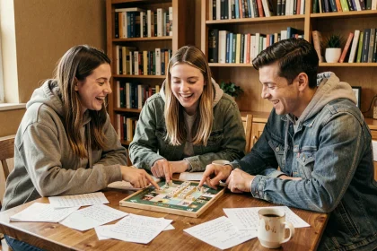 Groupe de jeunes adultes jouant à un jeu de société avec des lettres autour d'une table en bois, ambiance conviviale et détendue
