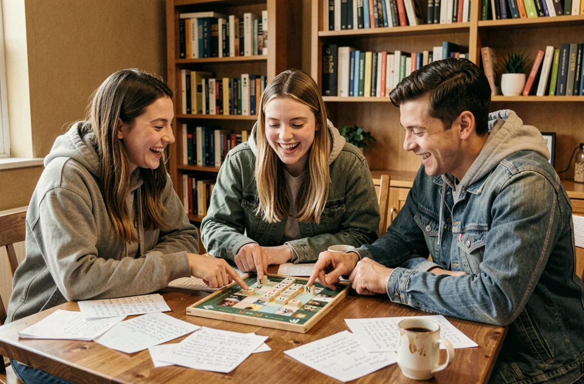 Groupe de jeunes adultes jouant à un jeu de société avec des lettres autour d'une table en bois, ambiance conviviale et détendue