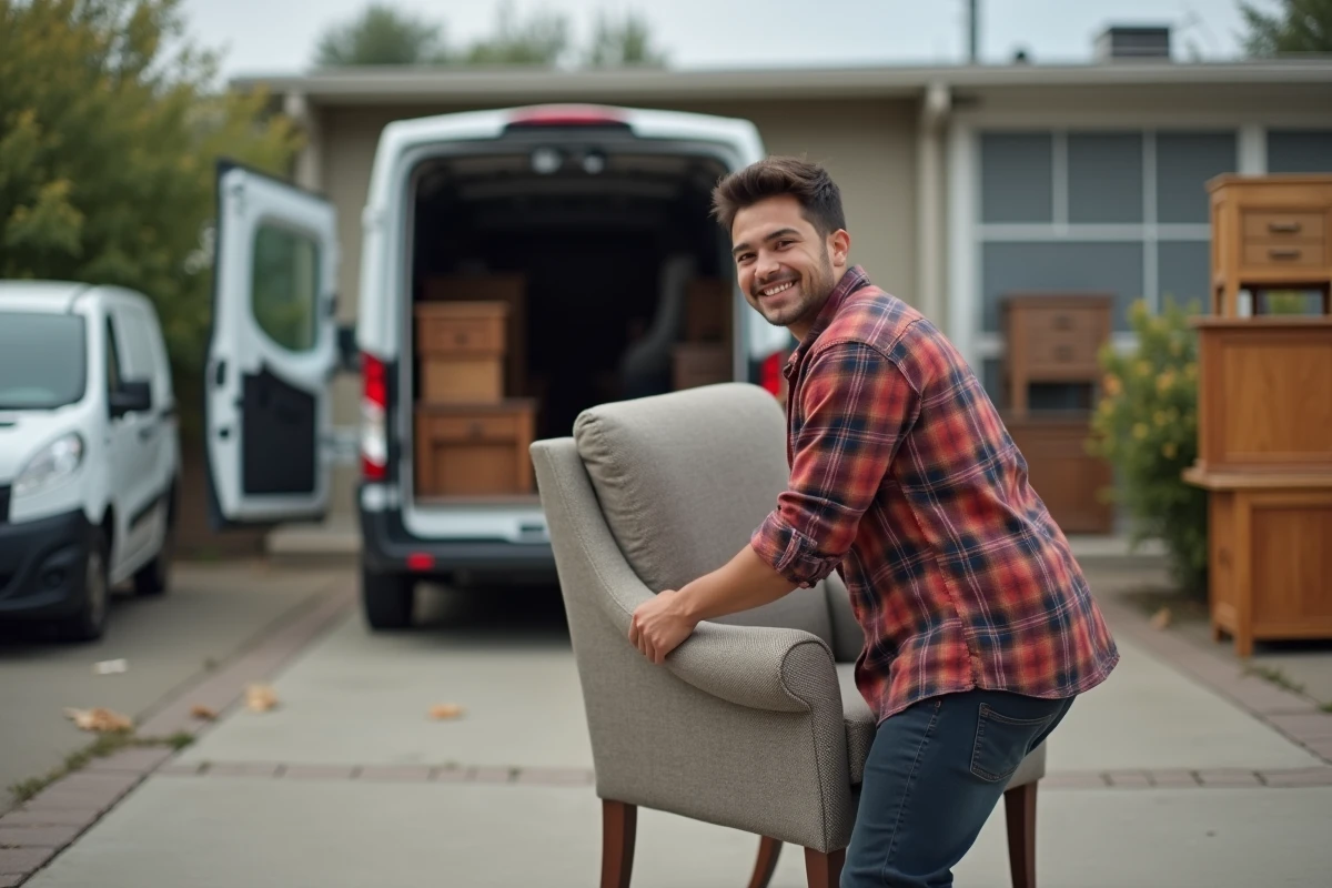 Jeune bénévole portant un fauteuil vers une camionnette dehors