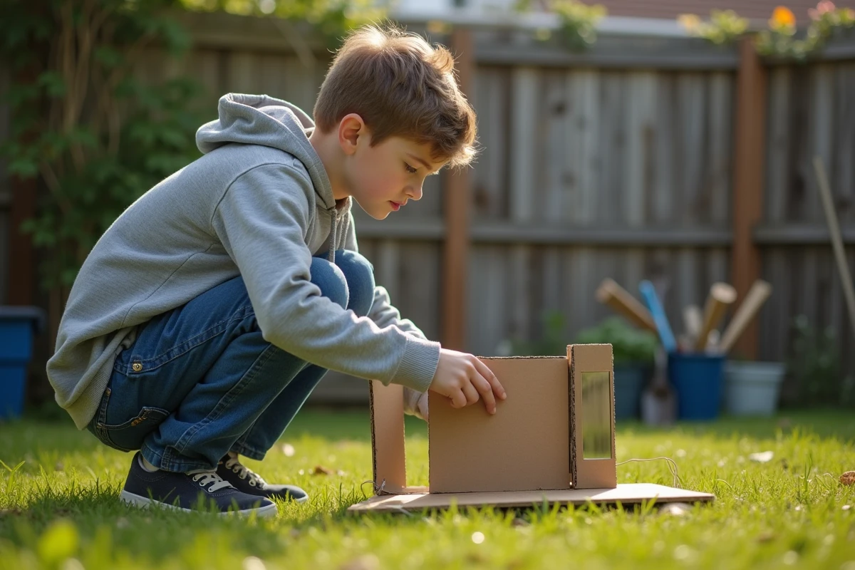 Adolescent construisant un amplificateur de lumière dans le jardin