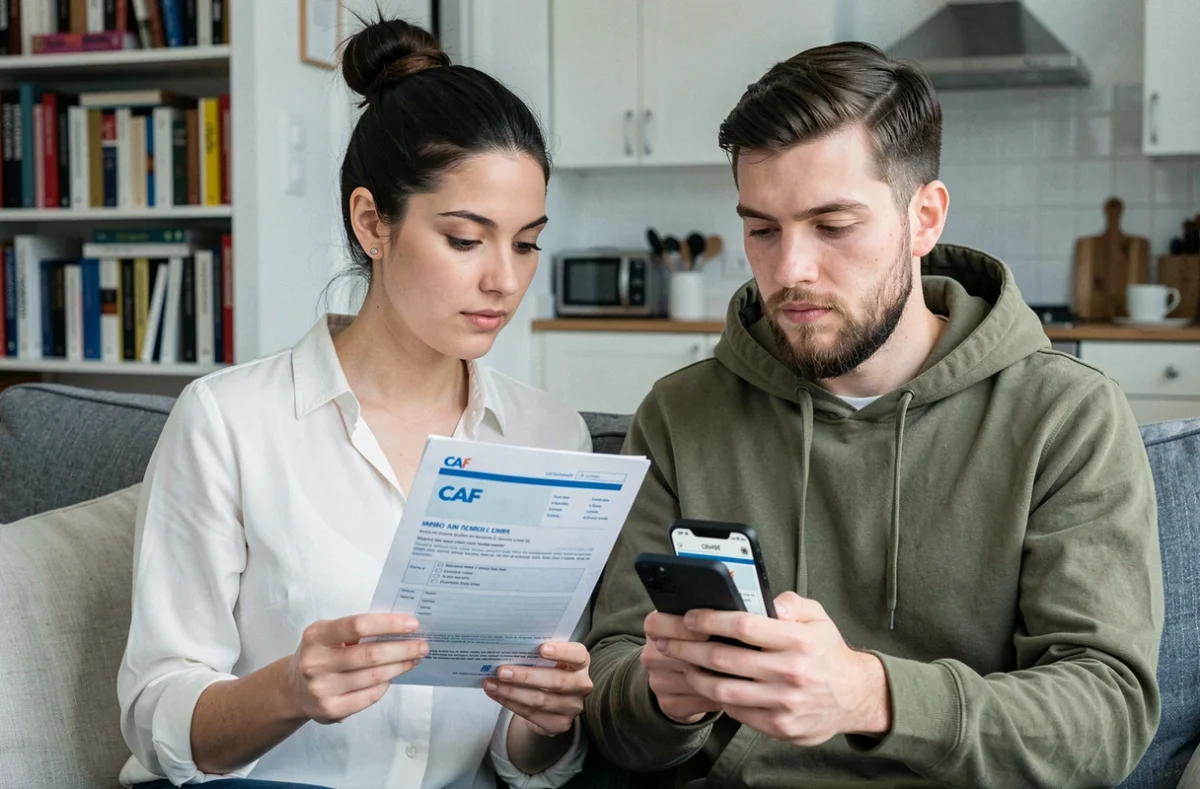 Jeune couple consultant un formulaire CAF dans un appartement pour définir leur foyer fiscal et social