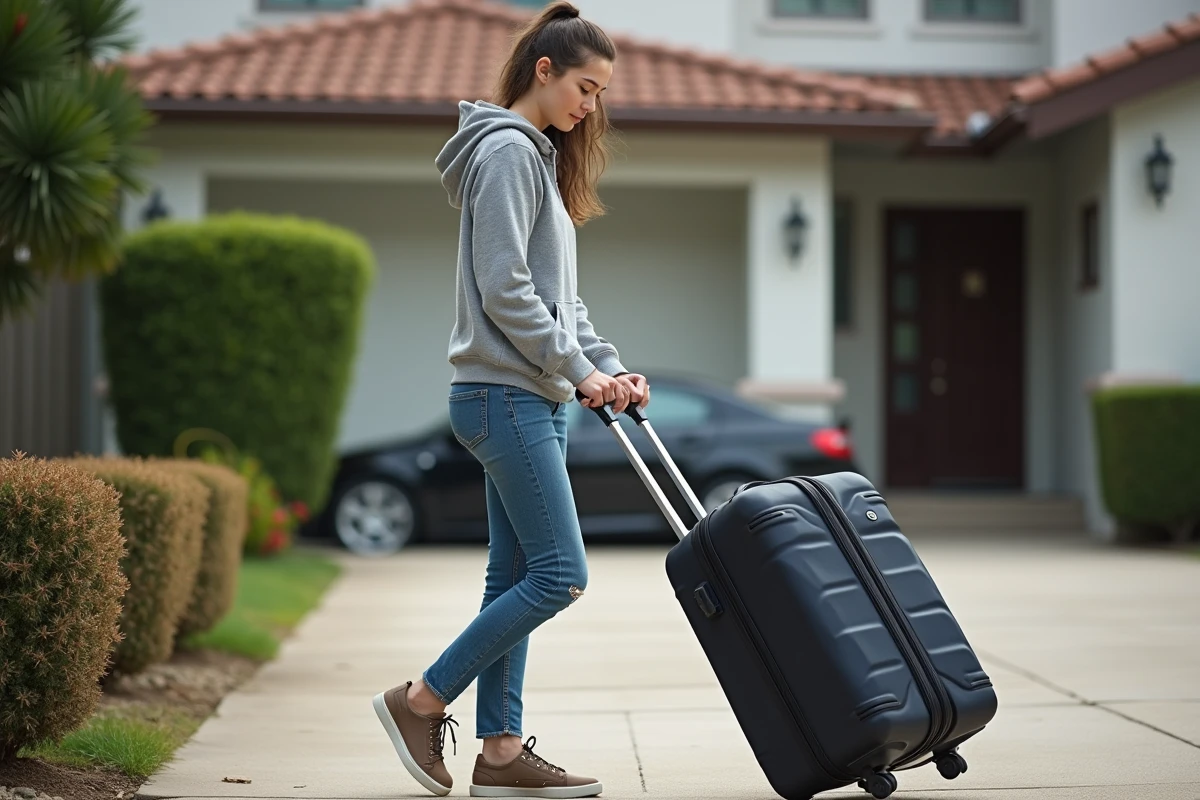 Jeune femme en jeans et hoodie préparant à soulever une valise