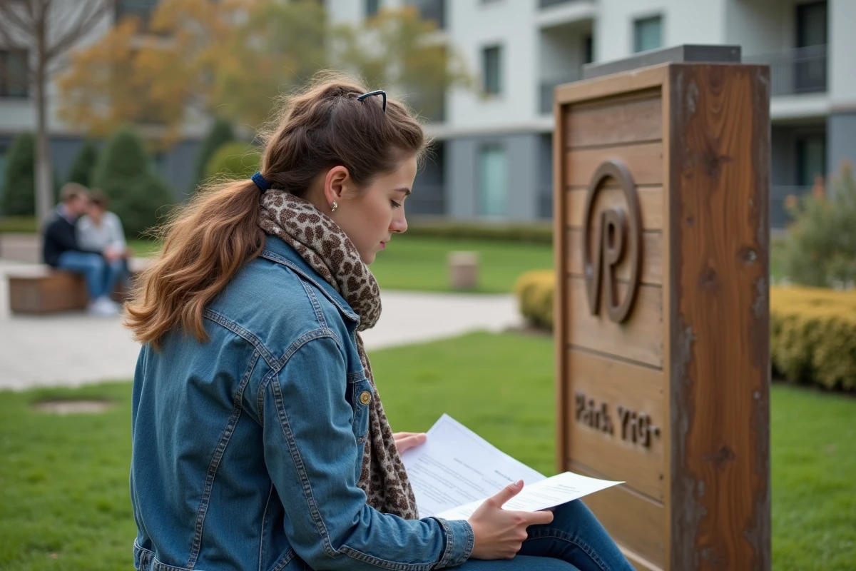 Jeune femme en jean regardant un logo gravé dans un panneau en bois