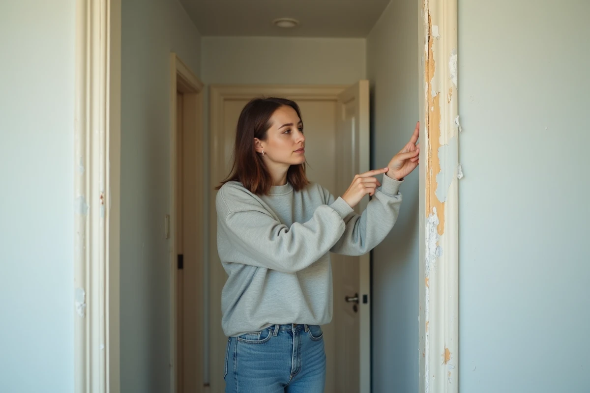 Jeune femme pointant une porte écaillée dans un couloir