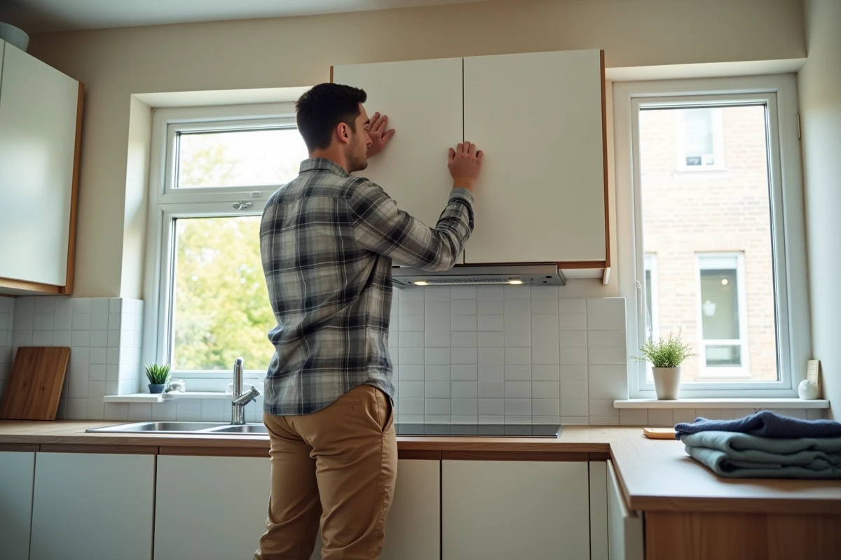 Jeune homme appliquant du film adhésif sur un meuble de cuisine