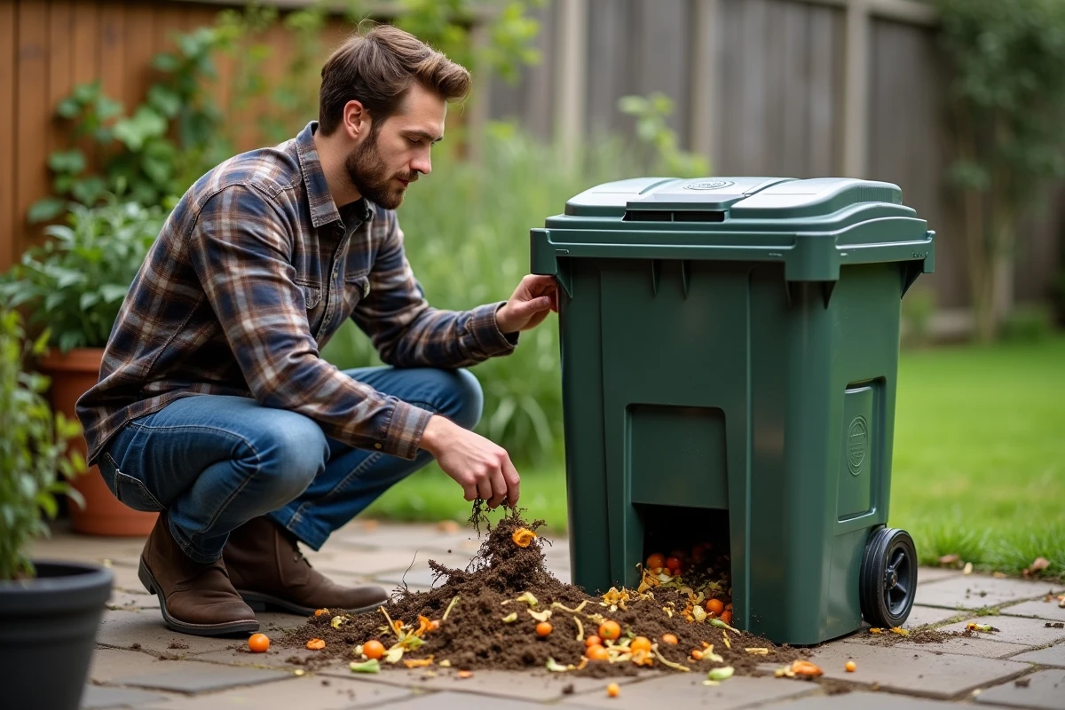 Jeune homme ajoutant déchets dans composteur