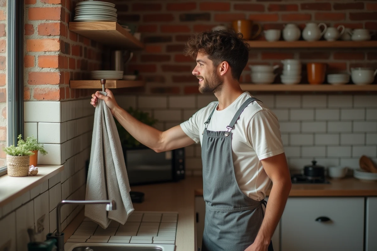 Jeune homme accrochant une serviette dans une cuisine rustique chaleureuse