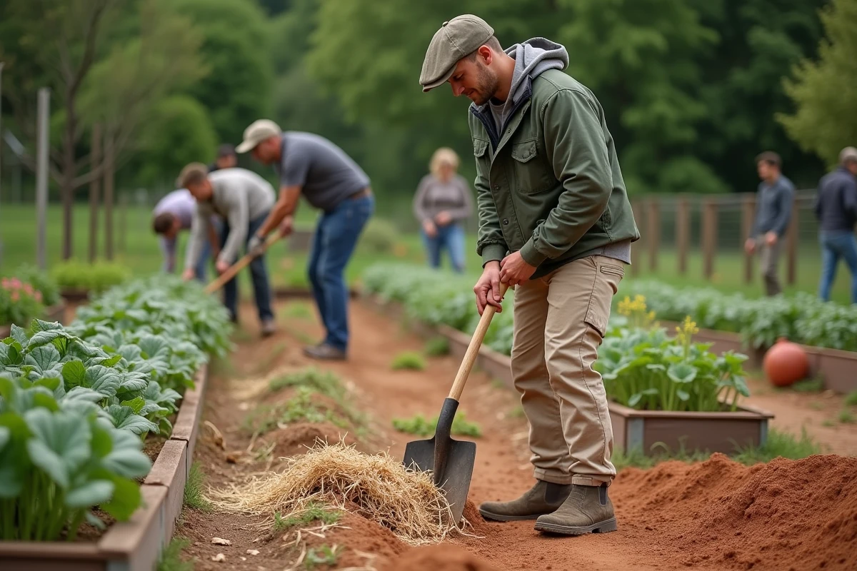 Jeune homme avec houe dans un jardin communautaire