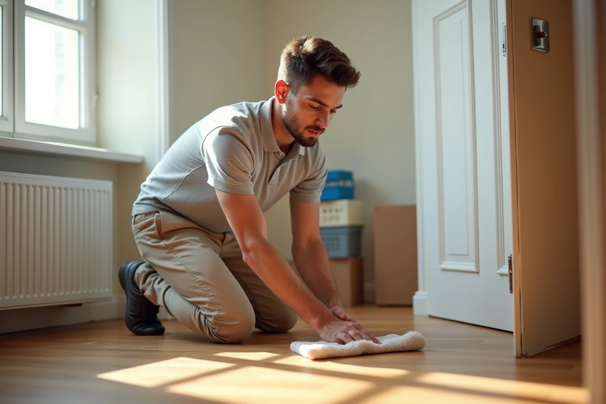 Jeune homme nettoyant sous un radiateur dans le salon