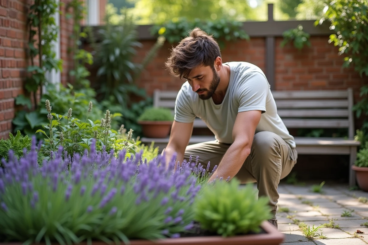 Jeune homme plantant lavande dans un patio urbain