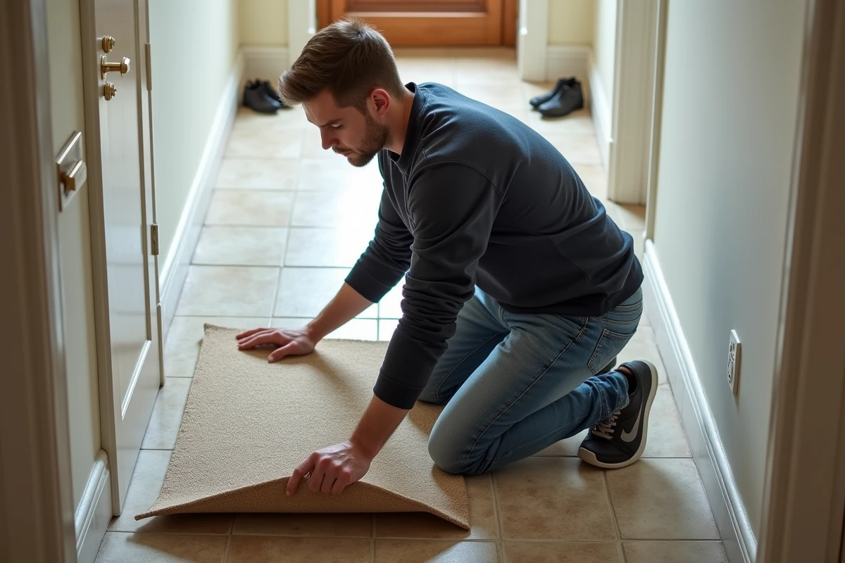 Jeune homme levant un tapis dans un couloir avec sous-couche