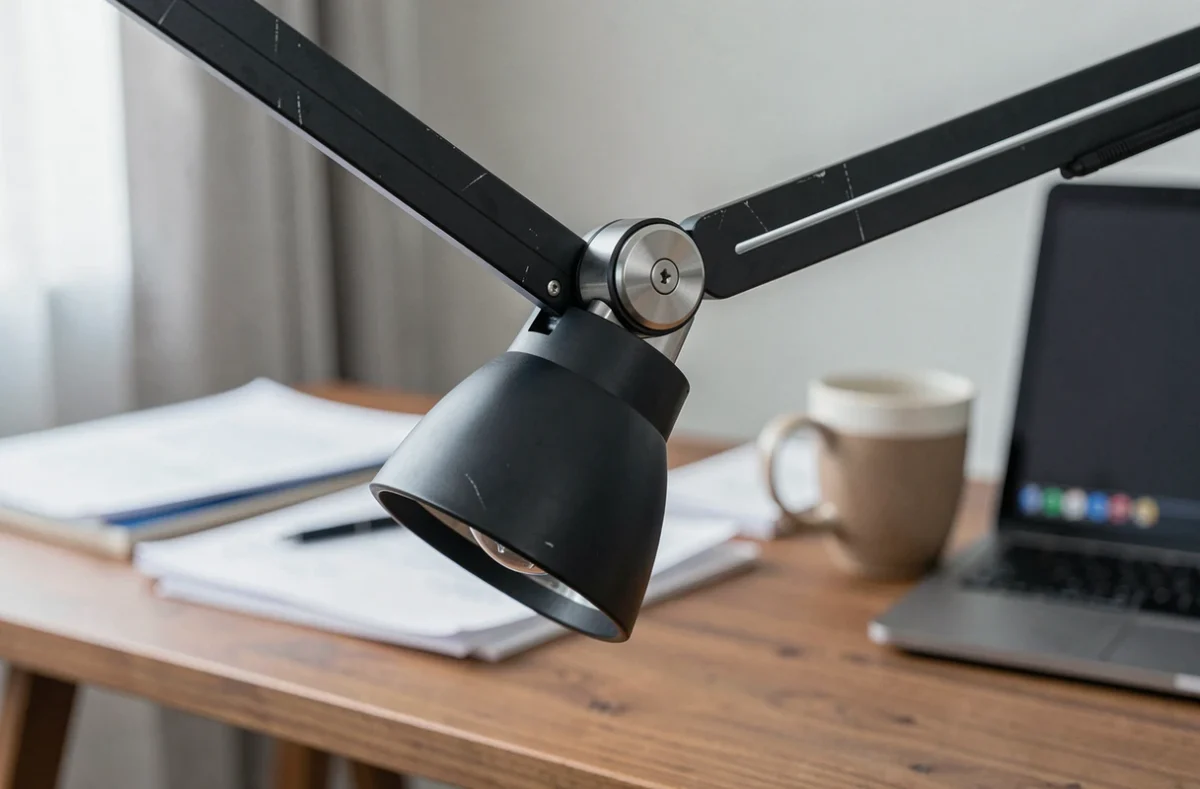 Détail du mécanisme articulé et réglable d'une lampe halogène sur pied dans un bureau à domicile