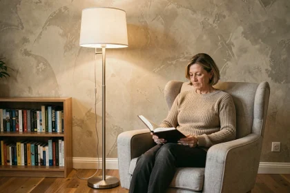 Lampe halogène sur pied réglable placée à côté d'un fauteuil de lecture dans un salon moderne et cosy