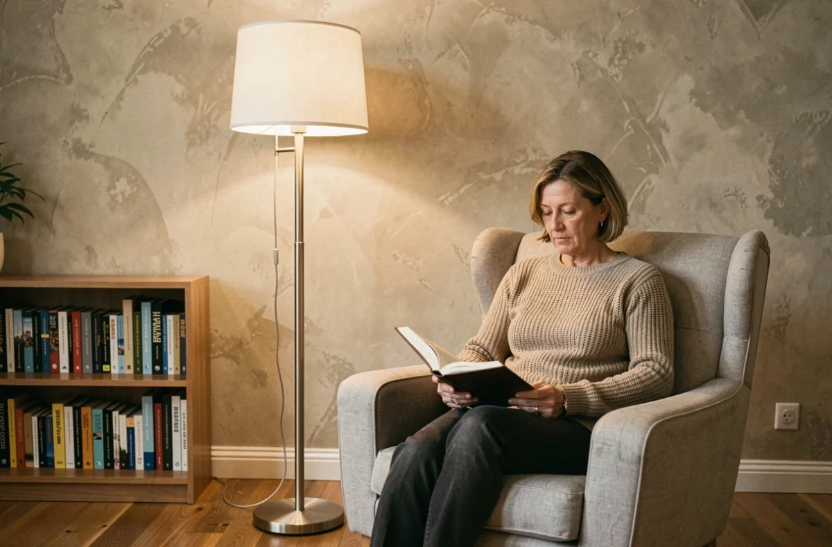 Lampe halogène sur pied réglable placée à côté d'un fauteuil de lecture dans un salon moderne et cosy