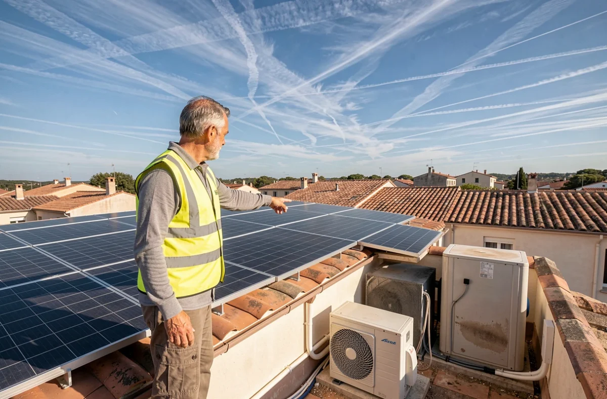 Technicien LIPS Nîmes sur un toit avec panneaux solaires et pompe à chaleur en arrière-plan