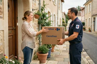Femme recevant une livraison de courses Carrefour à domicile devant sa porte d'entrée