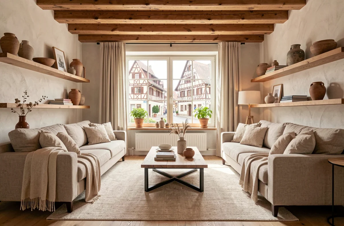 Salon élégamment décoré dans le style alsacien représentant les meilleurs décorateurs d'intérieur du Haut-Rhin