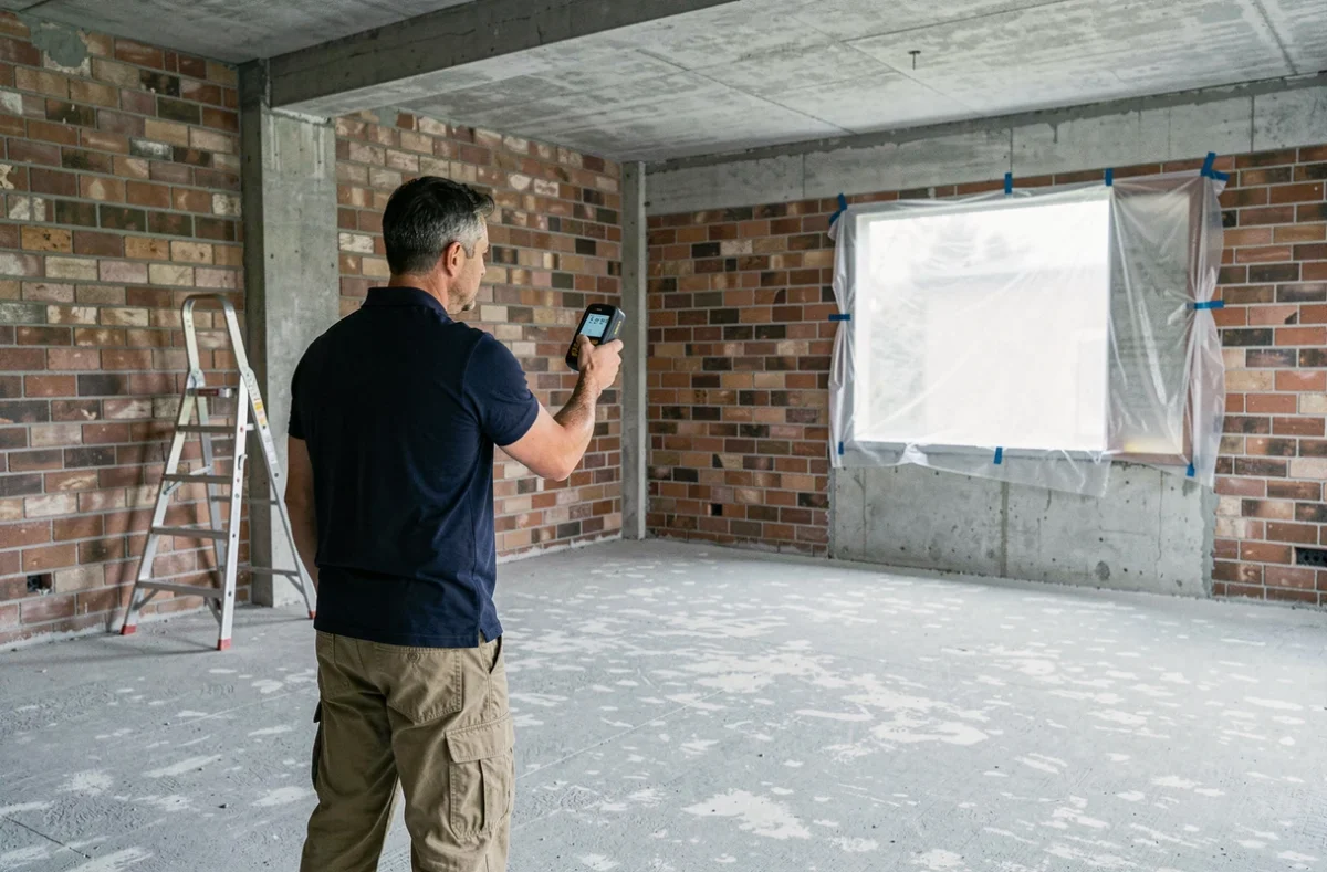 Homme mesurant le volume d'une pièce vide en rénovation avec un télémètre laser numérique