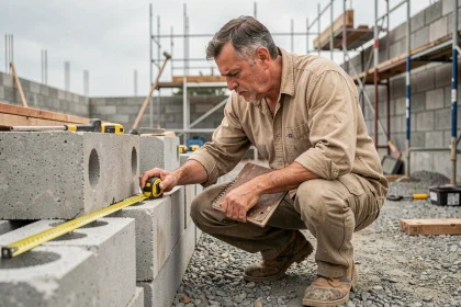 Professionnel du bâtiment mesurant des blocs de béton avec un mètre ruban sur un chantier de construction