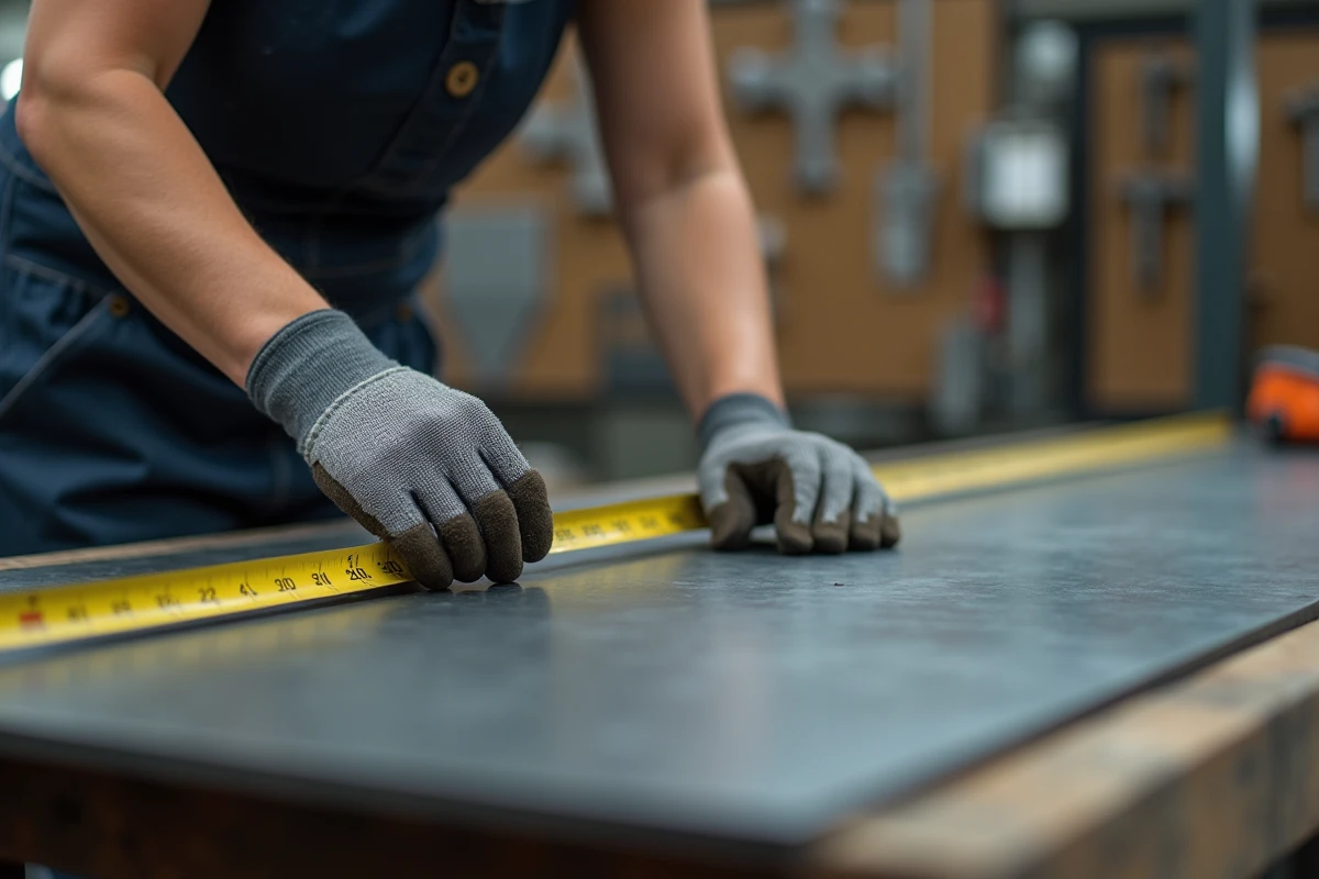 Femme mesurant une tôle acier 2mm 2000x1000 sur un établi avec étiquette de prix